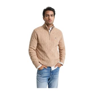 GANT Beige Lambswool Cable Half Zip Sweater - Heren - Coltruien - Beige - S - Wol - Truien & Vesten