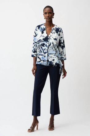 Joseph Ribkoff Floral V-Neck Pullover Top In Blue/vanilla