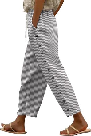 Generic Shffuw Cotton Linen Trousers Womens UK Side Button Elastic Waist Wide Leg Palazzo Trousers with Pockets and Drawstring Ladies Summer Beach Capri Pants