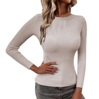 Generic Todays offers Special Deals Winter Jumpers for Women UK Womens Autumn And Winter Solid Round Neck Pullover Long Sleeve Knitted Sweater Top Upcoming Pr