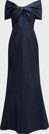 Teri Jon Off-Shoulder Metallic Jacquard Mermaid Gown