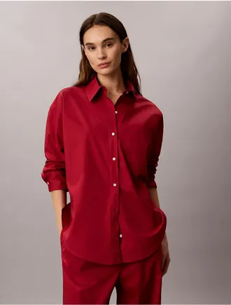 Calvin Klein Womens Cotton Poplin Relaxed Button-Down Sleep Shirt - Red - XL