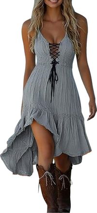 Generic Festival Outfit Women Womens Western Cowgirl Dress Sexy V Neck Lace Up Tie Flowy Hem Midi Dresses Summer Sleeveless Boho Beach Vacation Outfits Vintag