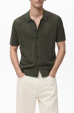 Mango Stripe Open Stitch Button-Up Shirt in Khaki Green at Nordstrom, Size Xx-Large