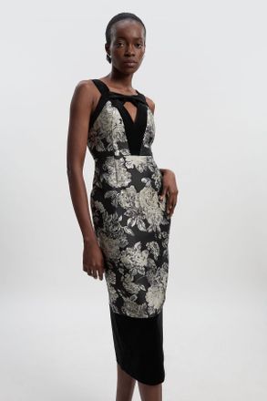 Karen Millen Womens Velvet And Jacquard Contrast Strappy Tailored Midi Dress - Monochrome Multi - Size 16 UK