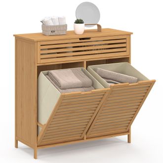 IDMarket Mobile Da Bagno Bea In Bamb&ugrave; 2 Cesti Estraibili Per La Biancheria 1 Cassetto In Tessuto Ecru