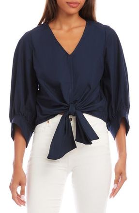 Karen Kane Tie Front Cotton Top in Navy at Nordstrom, Size X-Large