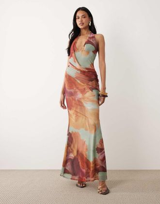 Asos Vestito lungo allacciato al collo a fiori verde salvia con fascia drappeggiata