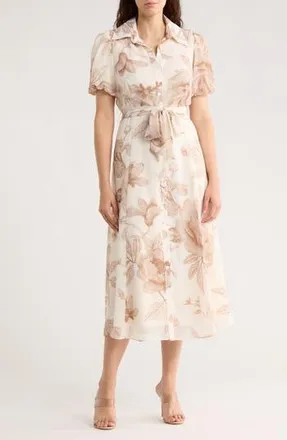 Sandra Darren Floral Puff Sleeve Shirtdress in White/Mocha at Nordstrom Rack, Size X-Large