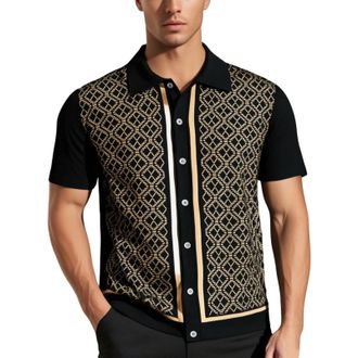 Generic 2025 Mens Polo Shirt Mens 70S Shirts Shirts Button Down Cuban Collar Knitted Shirt Full Sleeve Tees Men (Black, M)