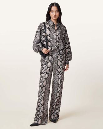 AllSaints Womens Polyester Charli Wide Leg Snake Print Trousers, Size: UK 14/US 10