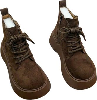 Generic YUJIEBB Womens High Top Snow Boots Winter Fashion Side Zipper Cotton Shoes Comfortable Cross Tied Height Increase Short Boots Dark Brown