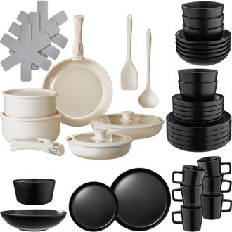 TecTake Set b&aacute;sico de cocina para 6 personas, 46 piezas, negro/blanco