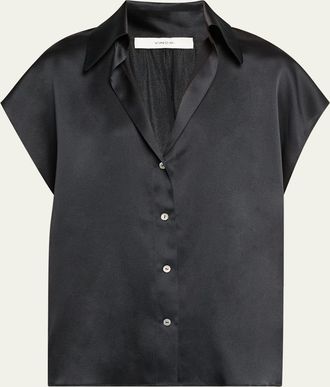 Vince Cap-Sleeve Ruched-Back Silk Blouse