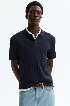 H&M Slim-fit Textured Jersey Polo Shirt in Navy Blue at Nordstrom, Size Xx-Large