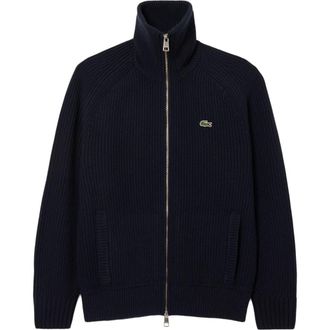 Lacoste Classic Fit Wool Rib Zip Cardigan in Navy Blue at Nordstrom, Size 8