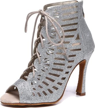 Minitoo Ladies Dance Shoes Latin Ballroom Boots Formal Party Evening Sandals L525 Silver 10cm Heel UK 8.5