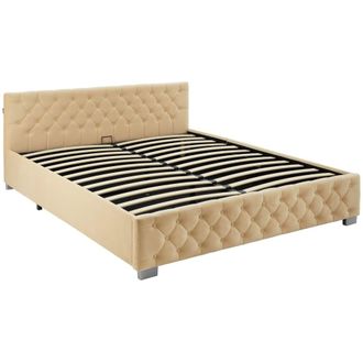 TecTake Cama tapizada con LED y somier abatible, 300 kg, 180 x 200 cm, beige