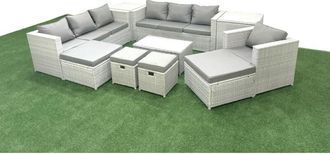 Fimous 10 Pieces Rattan Garden Furniture Set Outdoor Garden Sofa Chair Coffee Table Set with 2 Side Tables 4 Footstools Light Grey Mixed - Fimous
