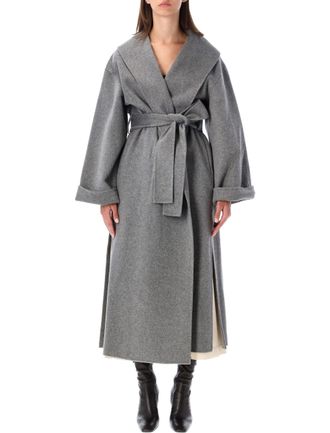 By Malene Birger Relaxed Fit Long Coat With Shawl Collar And Belted Closure
