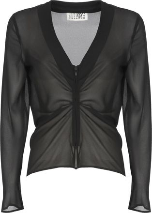 Maison Margiela Black Polyester Sheer Gathered Front Zip Blouse