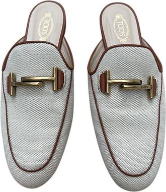 Tod's Ivory Canvas & Tan Leather Backless Loafers Size 38.5