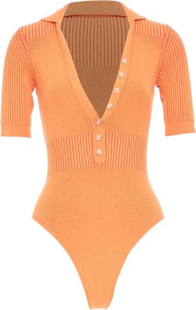 Jacquemus Le Body Yauco orange ribbed knit plunge polo bodysuit top FR36 S