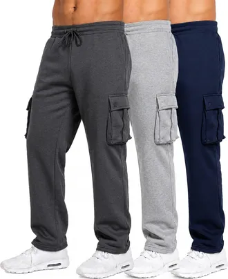 Blue Ice Mens Open Bottom Fleece Jogger Sweatpants with Velcro Cargo Pockets-3 Pack