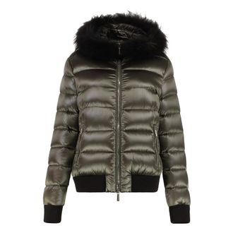 Moorer Winter Jackets, female, Gray, Size: M Short Down Jacket with Removable Hood