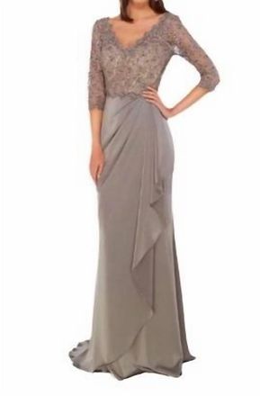 Alyce Paris Lace Long Sleeve Gown In Charcoal