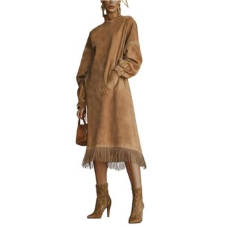 Generic Womens Turtleneck Faux Suede Mini Fringe Dress Vintage, Oversized Long-Sleeved Faux Suede Mid Dresses for Women Fall Winter Velvet Fringe Dress Light 
