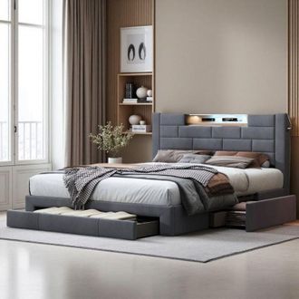 OEM Cama Doble 140x200 - Cofre Con Cajones - Iluminaci&oacute;n Rgb - Terciopelo Gris - 2 Plazas