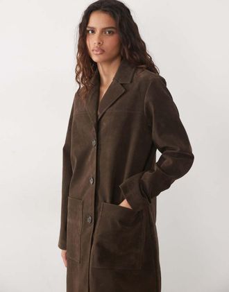 Abercrombie & Fitch giacca oversize lunga in camoscio marrone scuro