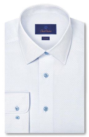 David Donahue Trim Fit Micro Dobby Cotton Dress Shirt in White/Sky at Nordstrom, Size 15.5 - 32
