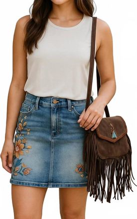 Grace in L.A. Floral Bloom Embroidered Denim Skirt In Blue