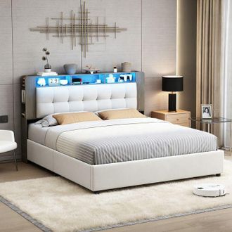 OEM Pocketpop Lit Cofre 160x200 Cm En Terciopelo Blanco Roto Con Led Y Carga Inal&aacute;mbrica