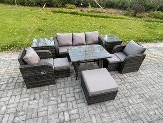 Fimous Rattan Wicker Garden Furniture Patio Conservatory Sofa Set with Rectangular Dining Table Reclining Chair 3 Seater Sofa in Dark Grey