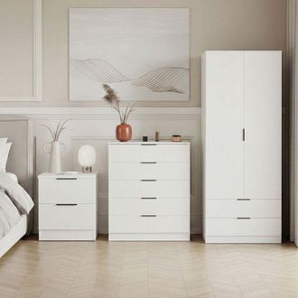 Home Discount Trega 3pc Bedroom Furniture Set - 2 Drawer Bedside, 5 Drawer Chest & 2 Door Wardrobe, White