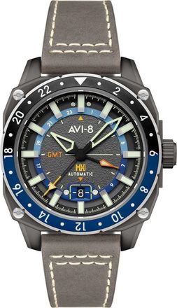 AVI-8 Hawker Hunter Atlas GMT Movement Leather Strap Watch, 44mm in Grey at Nordstrom