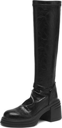 Generic Womens PU Leather Knee High Boots with Zipper Round Toe Platform Long Boot Mid Block Heel Casual Boots,Black,6.5 UK