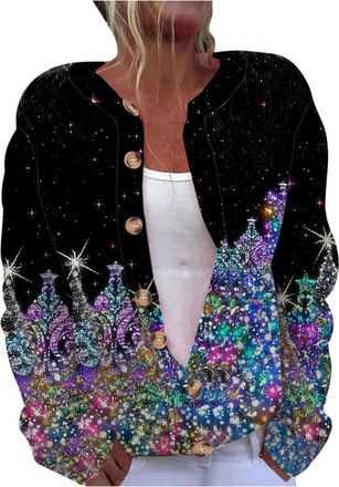 Generic Womens Christmas Cardigan Long Sleeve Button Top Chunky Cable Knit Reindeer Printed Cardigans Lightweight Knitwear Sweater Women Casual Christmas Card
