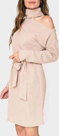 Gibsonlook Mock Neck Ribbed One Shoulder Cut Out Knit Dress In Beige