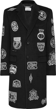 Philipp Plein Wollen Lange Jas Met Patches - Heren - Mantel - Zwart - 3XL - Wol - Jassen