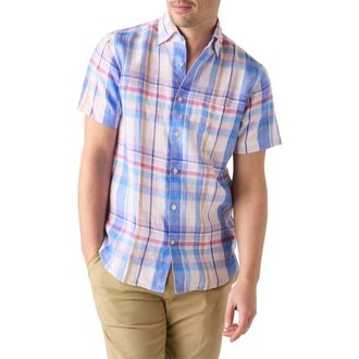 Robert Talbott Morgan Plaid Linen Short Sleeve Shirt in Pink Multi at Nordstrom, Size X-Large