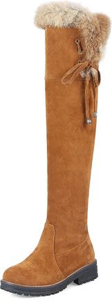 Generic Womens Faux Suede Thigh High Boots Low Block Heel Platform Long Boot Lace Up Over The Knee Boots,Yellow,5.5 UK