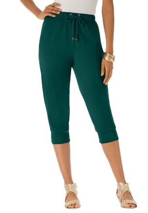 Roaman's Plus Size Soft Knit Capri Pant With Drawstring Waist in Emerald Green at Nordstrom, Size Small