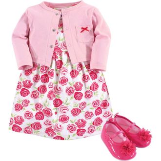 Hudson Baby Cotton Dress, Cardigan and Shoe Set in Pink Roses at Nordstrom, Size 3-6M
