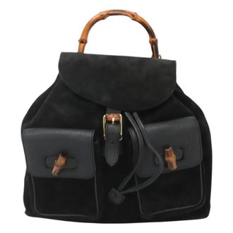 Gucci Vintage Bamboo Suede And Leather Black Suede Backpack Bag (Pre-Owned)