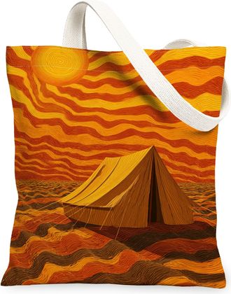 Generic Vintage Artistic Canvas Tote Bags, Retro Tent Pattern Reusable Grocery Bags, Summer Lightweight Washable Shoulder Strap Tot, Orange, 13x15 Inch