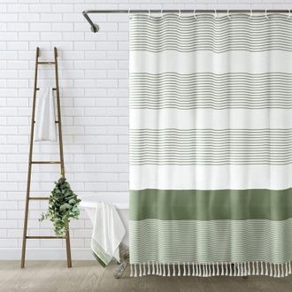 OEM Cortina De Ducha Bohemia Verde Salvia De 183 X 183 Cm Para Ba&ntilde;o, Cortina De Ducha R&uacute;stica De Lino A Rayas